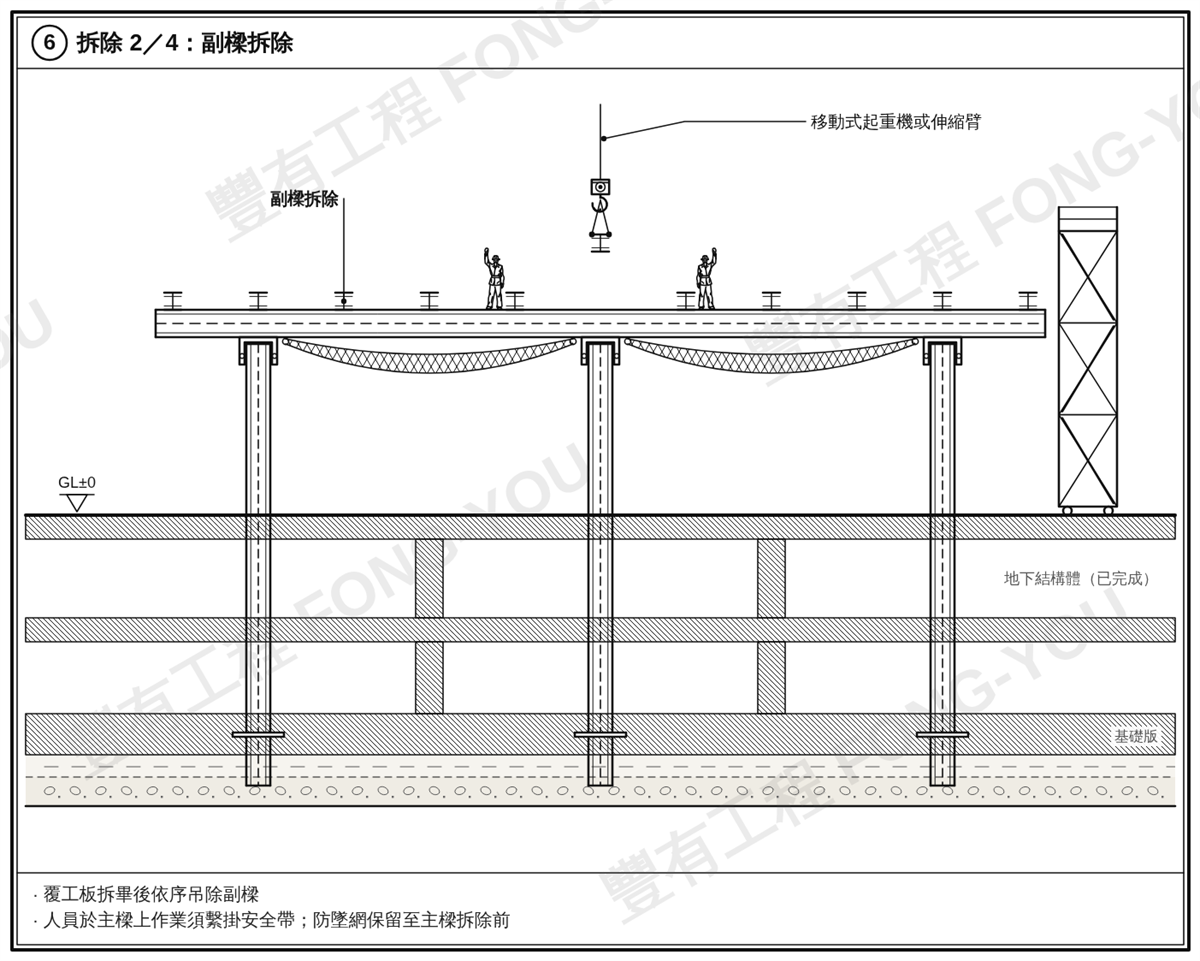 施工構台步驟六：覆工板拆畢後依序吊除副樑